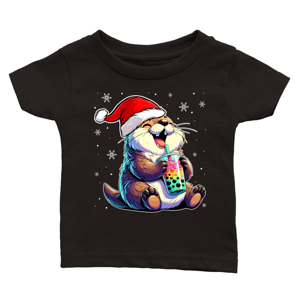 adorable otter drinking boba tea wearing santa hat 1 Classic Baby Crewneck T-shirt