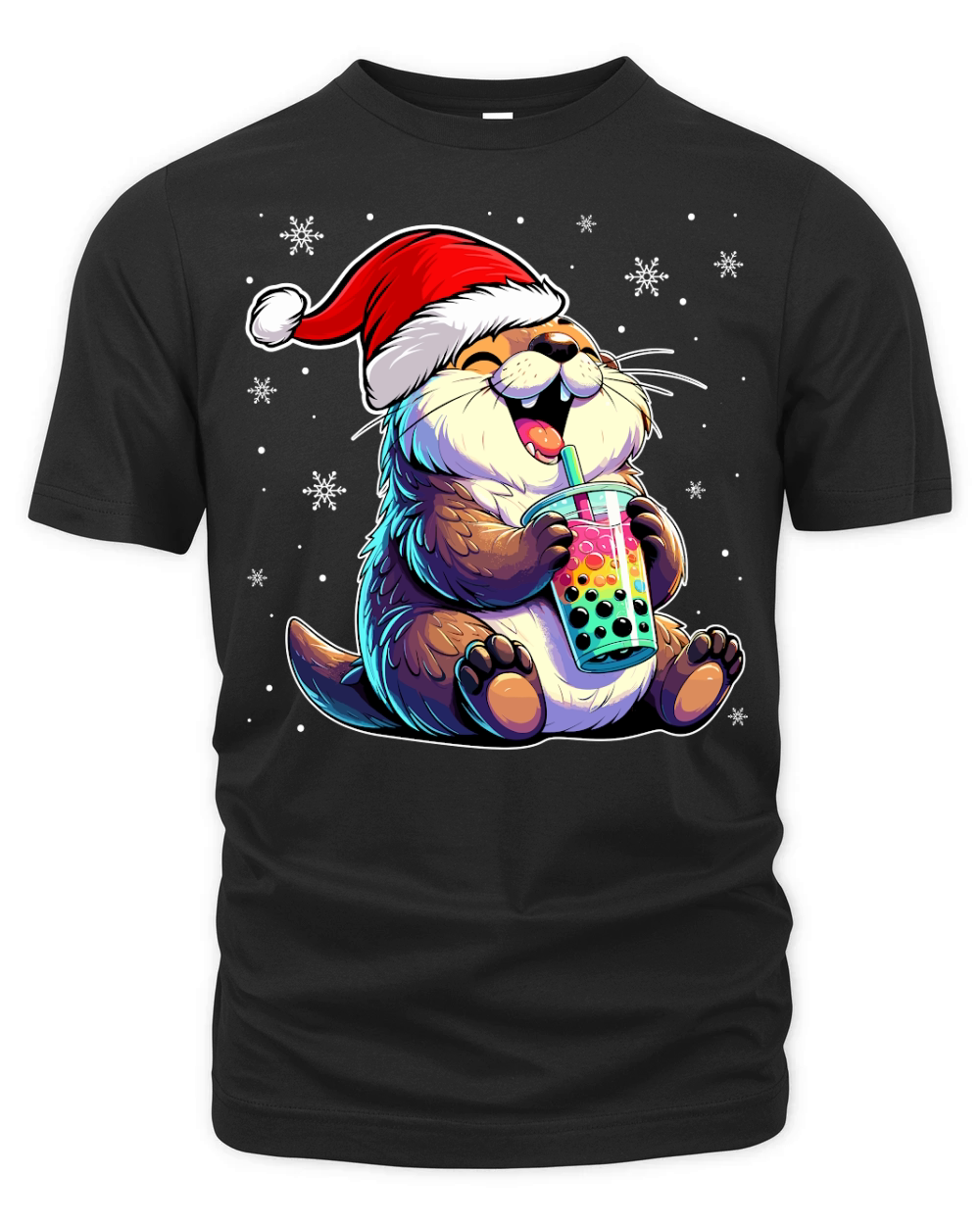 adorable otter drinking boba tea wearing santa hat 1 Organic Unisex T-shirt