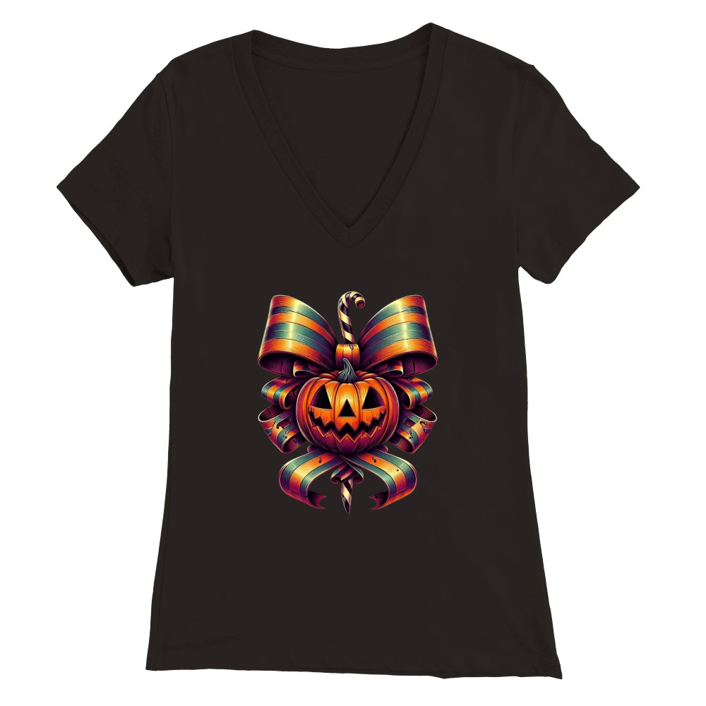 Halloween Movie Stiped Coquette Bow (1) Premium Womens V-Neck T-shirt
