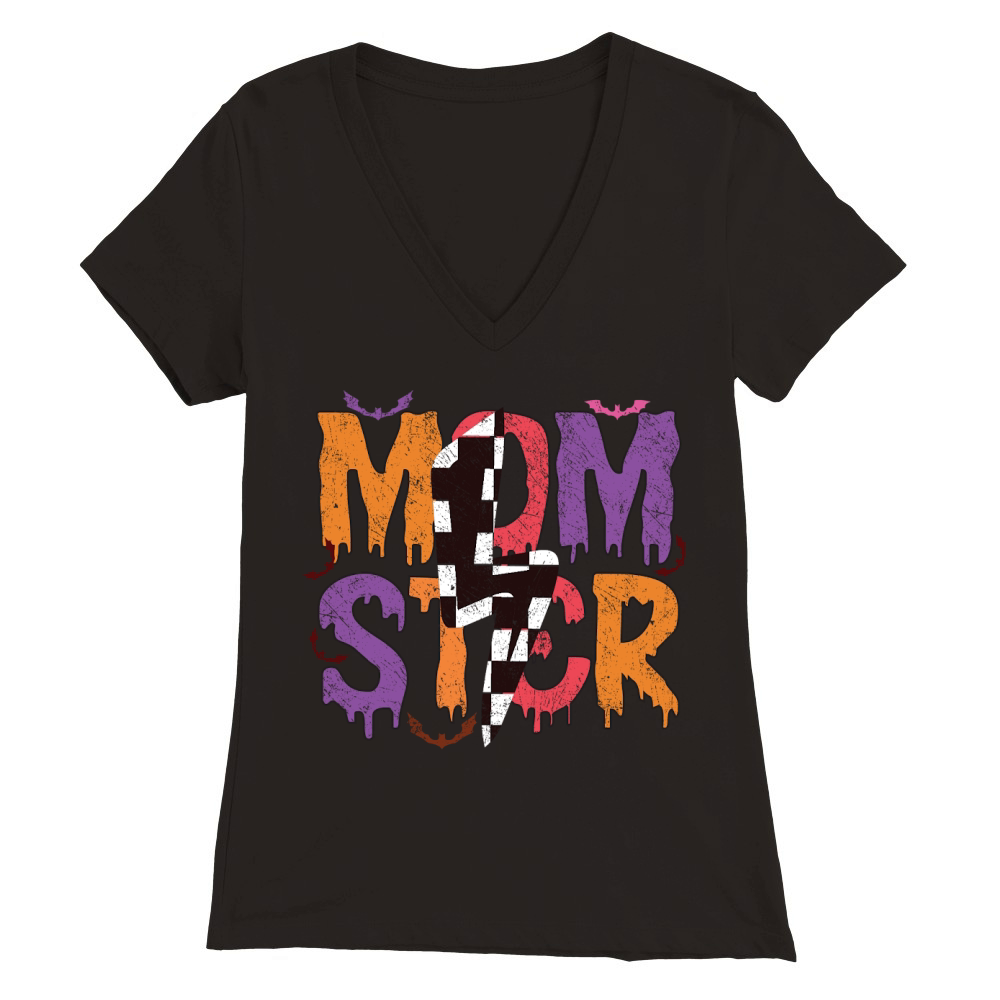 Momster Halloween Checkered Lightning Premium Womens V-Neck T-shirt