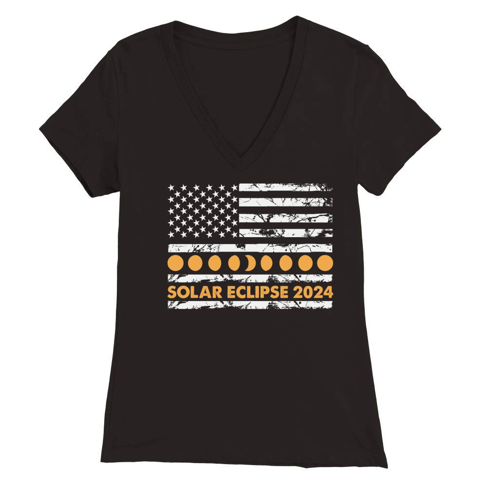 Total Solar Eclipse 2024 Totality Phases US American Flag 2t Premium Womens V-Neck T-shirt
