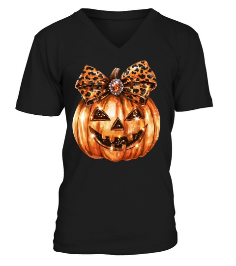 leopard glitter pumpkin V-Neck T-shirt