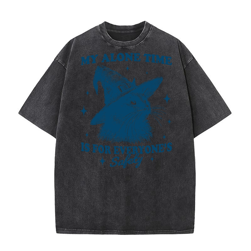 Cat Witch Hat Halloween L Blue Washed T-Shirt