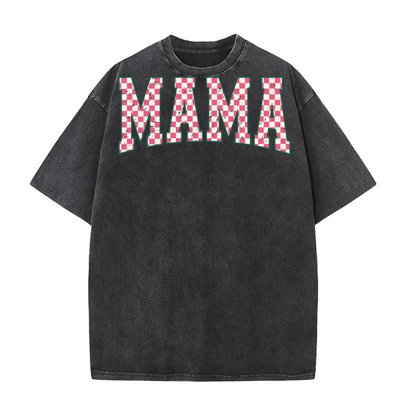 MamaChristmasCheckered Pink Retro Washed T-Shirt