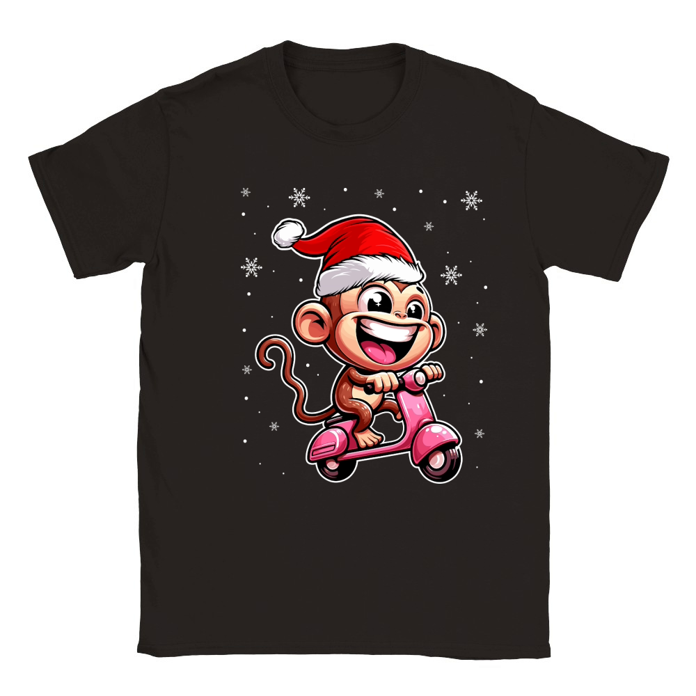 adorable monkey Riding Scooter wearing santa hat 1 Classic Kids Crewneck T-shirt