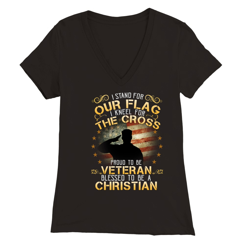 Stand Flag Kneel Cross Veteran Christian Premium Womens V-Neck T-shirt