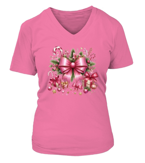 Christmas Pink Coquette Fancy Bow Clipart (6) V-neck T-Shirt Woman