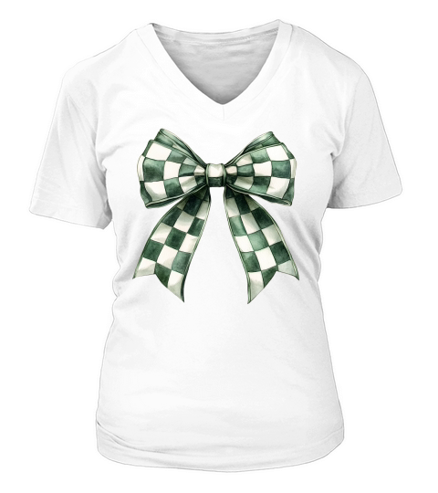 Green Christmas Checkered Bow V-neck T-Shirt Woman