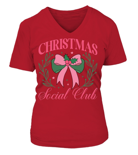 Pink Christmas Social Club Coquette Bow V-neck T-Shirt Woman