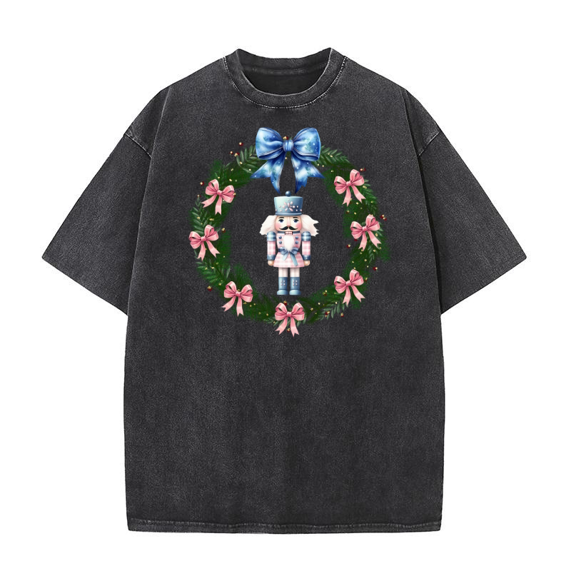 Blue Christmas Floral Nutcracker Washed T-Shirt