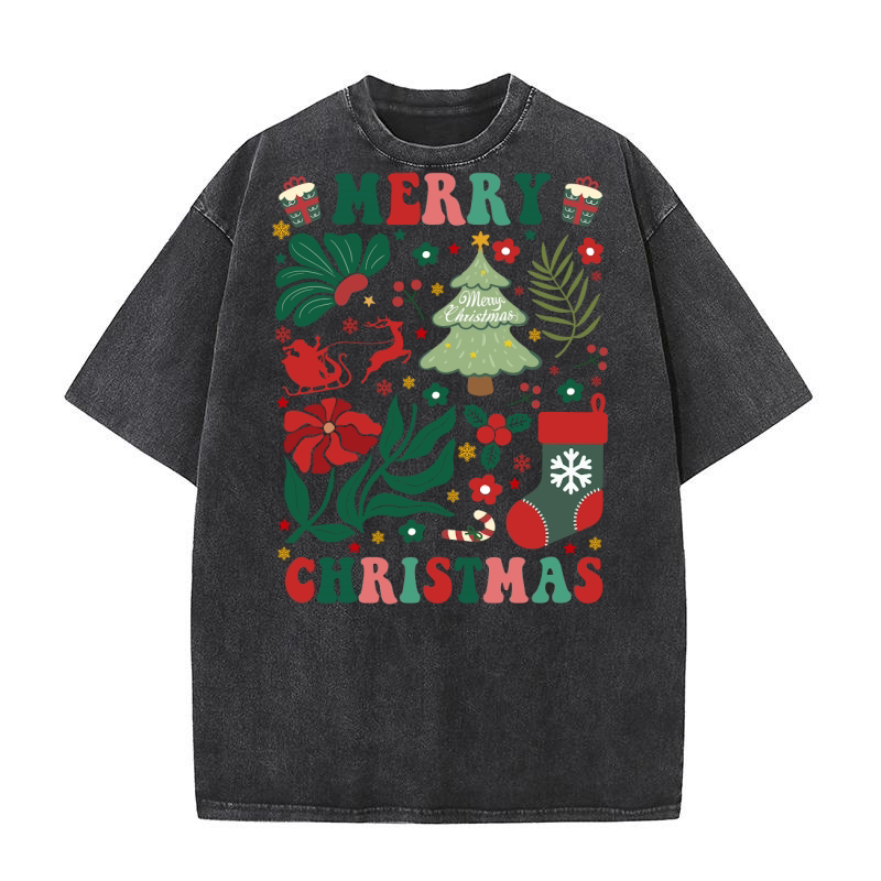 Boho Floral Merry Christmas 8 Washed T-Shirt