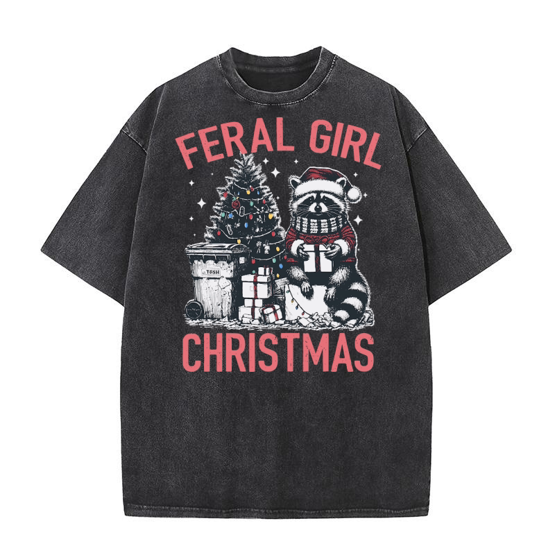 Feral Girl Christmas Raccoon D Color Red2 Washed T-Shirt