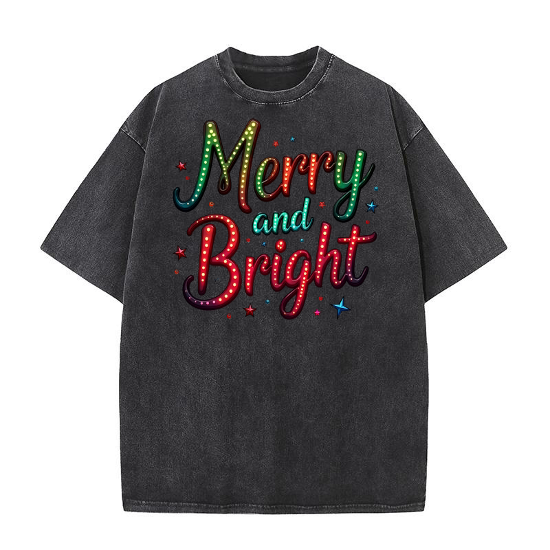 Merry And Bright Holiday Neon Greetings Washed T-Shirt