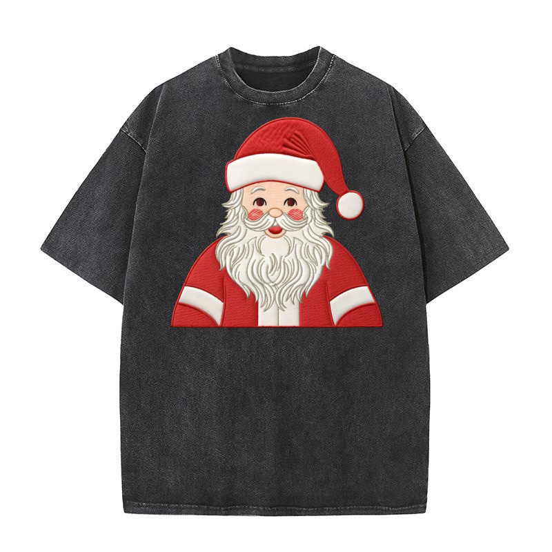 Santa Claus Christmas Embroidery 02 Washed T-Shirt