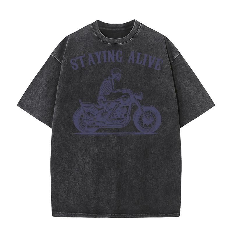 Staying Alive Skeleton riding Motorcycle L V2 vViolet Washed T-Shirt