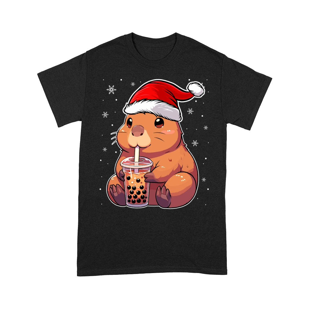 adorable acapybara drinking boba tea wearing santa hat 2 Comfort T-shirt