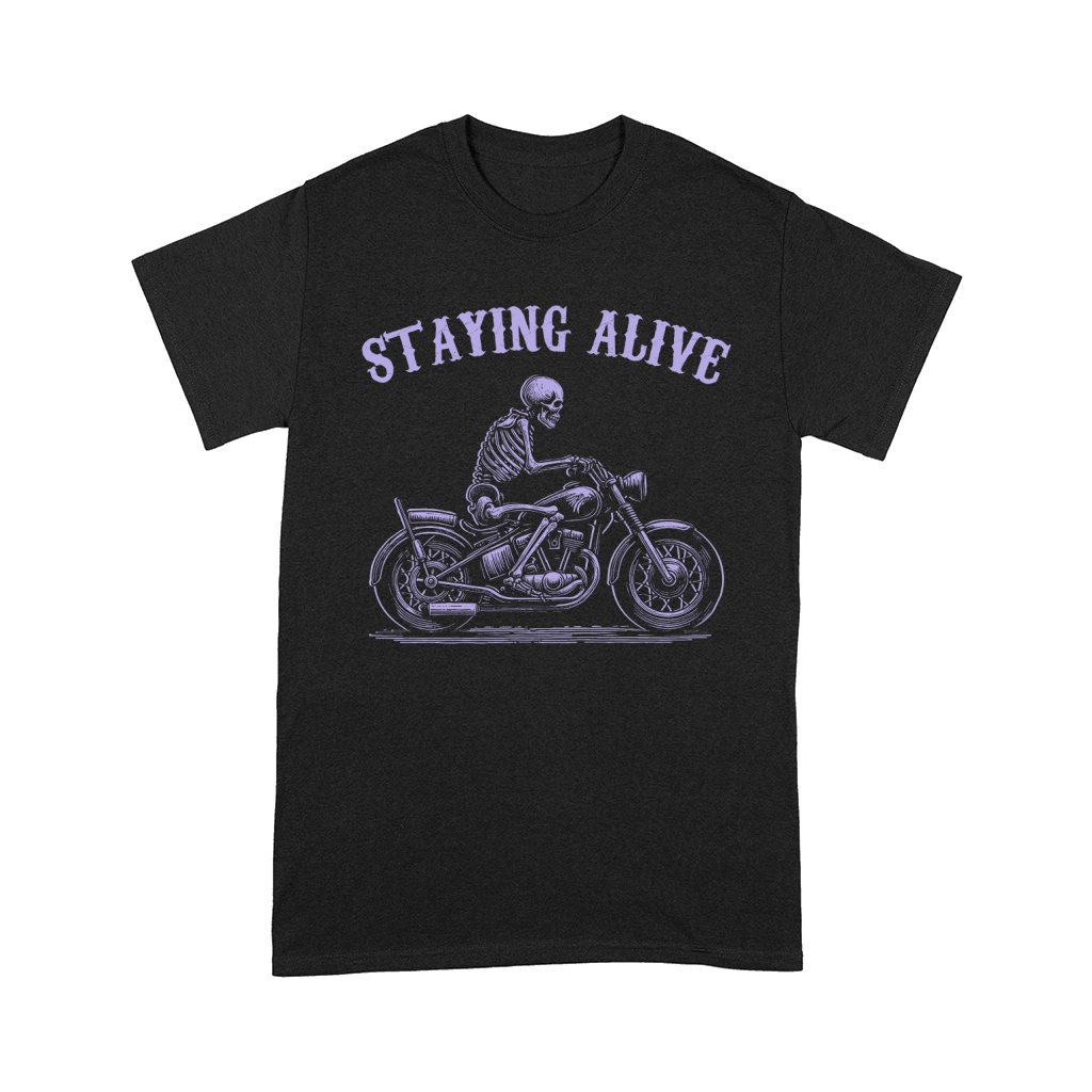 Staying Alive Skeleton riding Motorcycle D Violet Comfort T-shirt