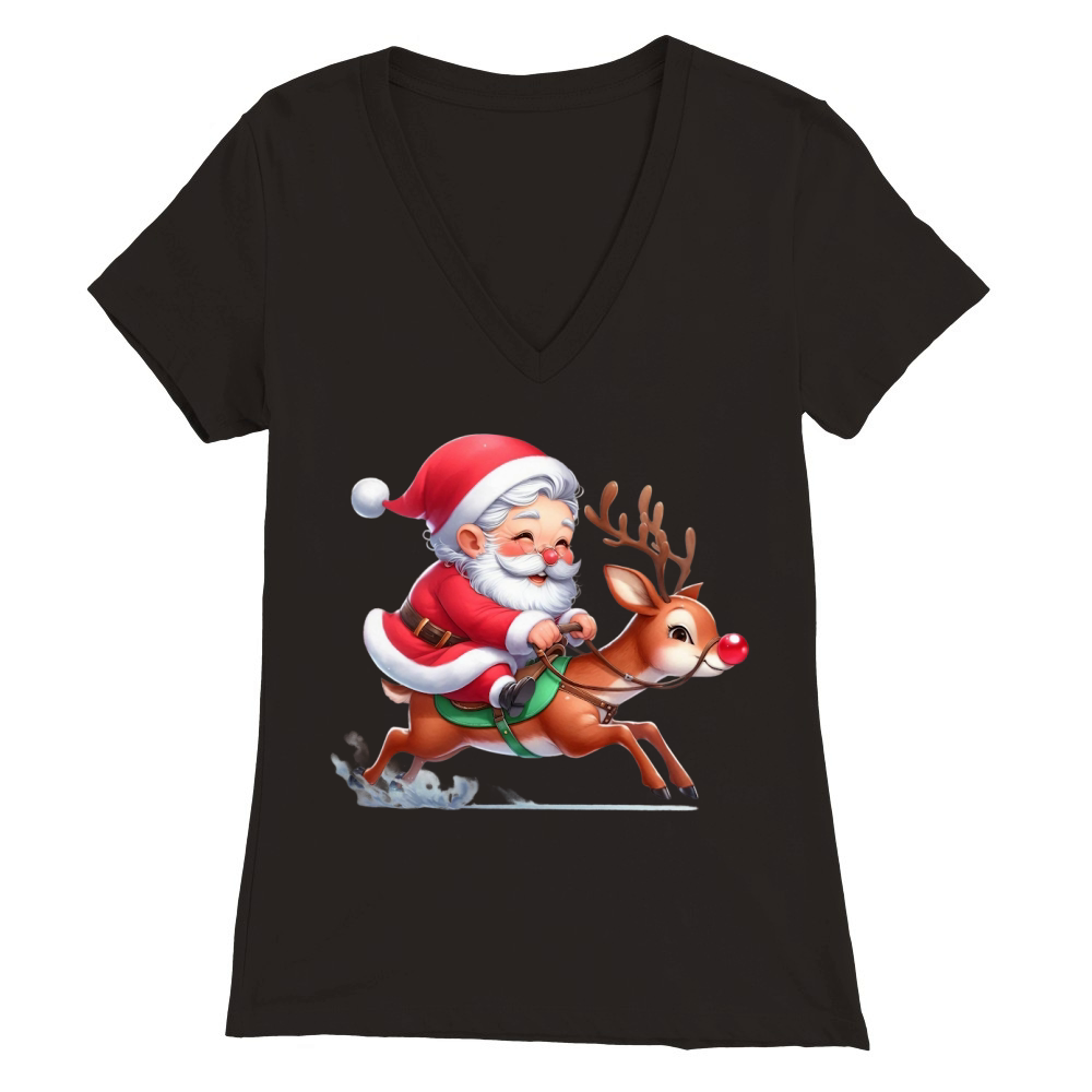 Santa Claus in Reindeer Races Premium Womens V-Neck T-shirt