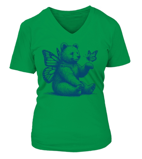 Bear With Butterfly Wings Vintage L Blue V-neck T-Shirt Woman