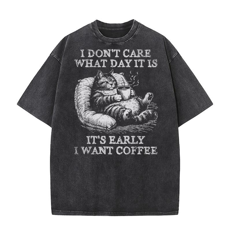 Cat Don’t Care Just Want Coffee D White GR Washed T-Shirt