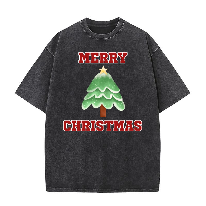 Christmas tree with snow star at top Merry Christmas 8 Washed T-Shirt