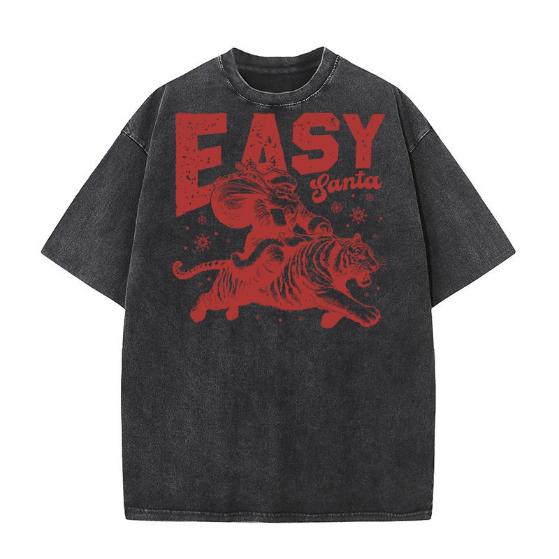 Easy Santa Riding Tiger L Red Washed T-Shirt