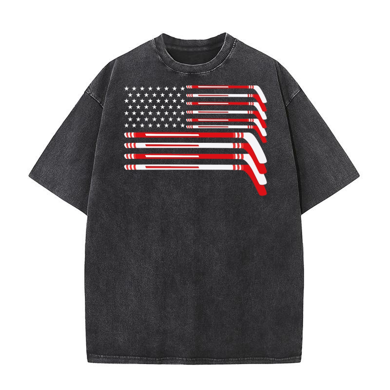 Hockey Stick USA Flag Faded Hockey Player Washed T-Shirt