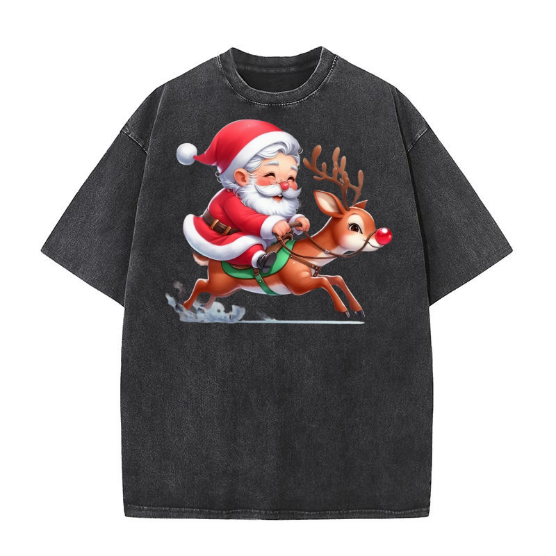 Santa Claus in Reindeer Races Washed T-Shirt