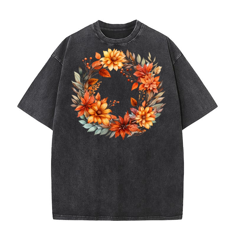 Autumn Fall Floral Frame Washed T-Shirt