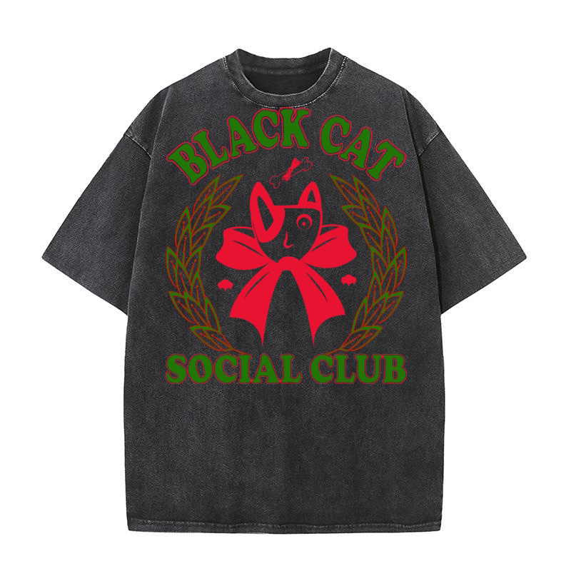 Black cat social club 4 Washed T-Shirt
