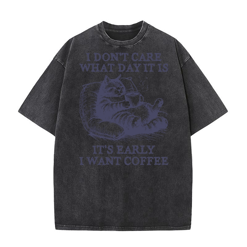 Cat Don’t Care Just Want Coffee L dViolet Washed T-Shirt