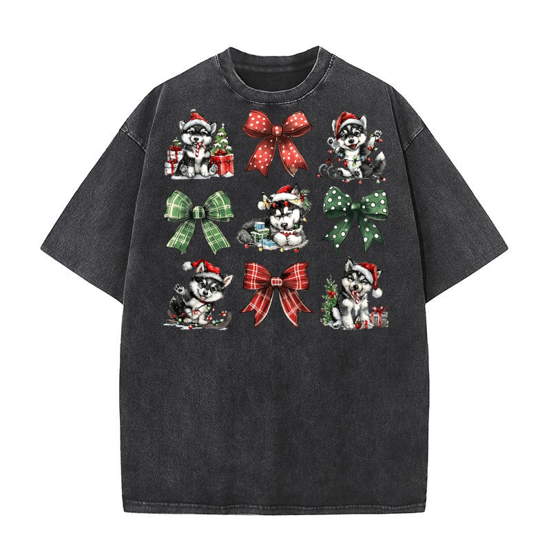Christmas Coquette Bow Huskies Washed T-Shirt