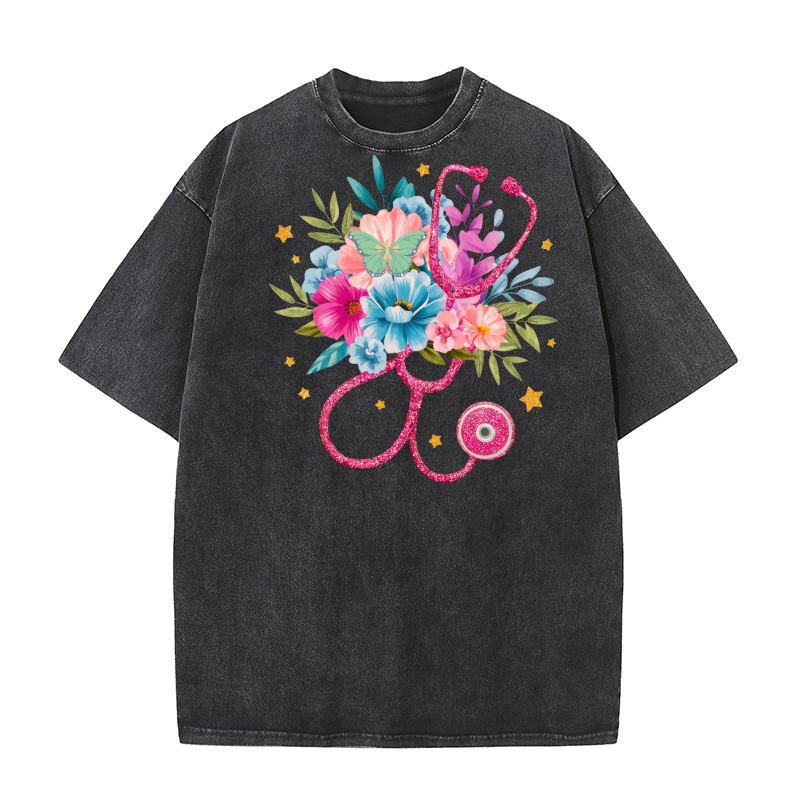 Floral Stethoscope 1 Washed T-Shirt
