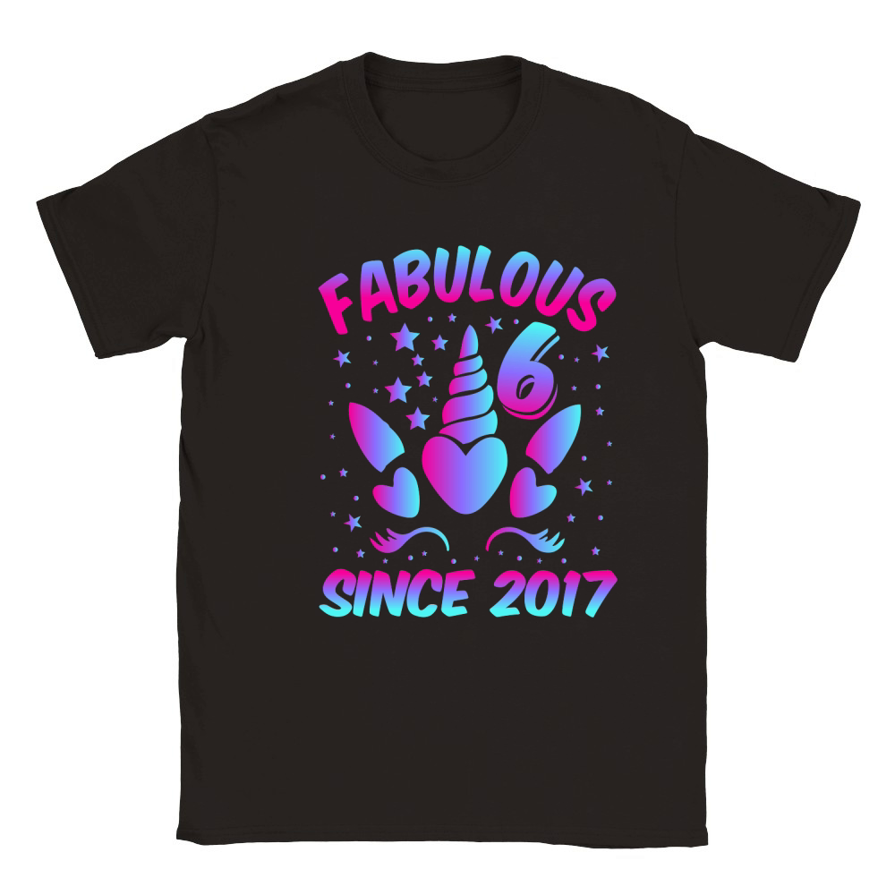 Fabulous 6 Since 2017 Unicorn Birthday T Shirt Design (1) Classic Kids Crewneck T-shirt