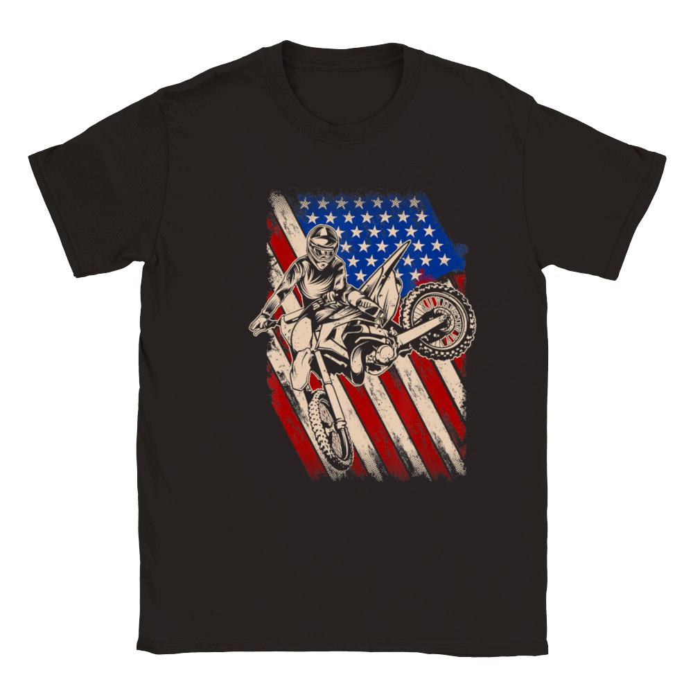 Vintage Dirt Bike Motocross American Flag Enduro Classic Kids Crewneck T-shirt
