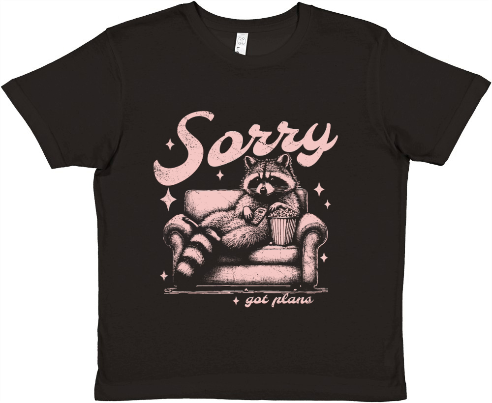Sorry Got Plans Raccoon Sofa Popcorn D Retro Pink GR Premium Kids Crewneck T-shirt
