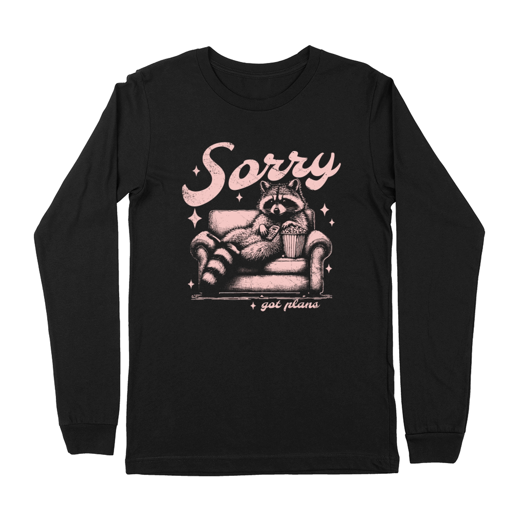 Sorry Got Plans Raccoon Sofa Popcorn D Retro Pink GR Premium Long Sleeve