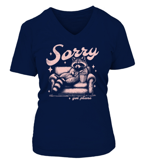 Sorry Got Plans Raccoon Sofa Popcorn D Retro Pink GR V-neck T-Shirt Woman