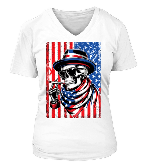 USA Flag Vintage Skeleton 4th of july 1 V-neck T-Shirt Woman