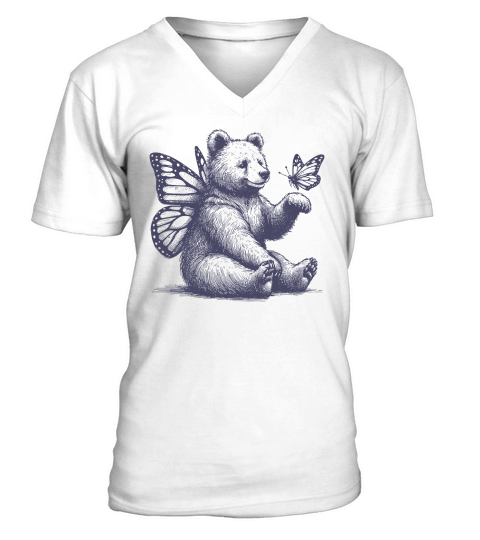 Bear With Butterfly Wings Vintage L dViolet V-Neck T-shirt