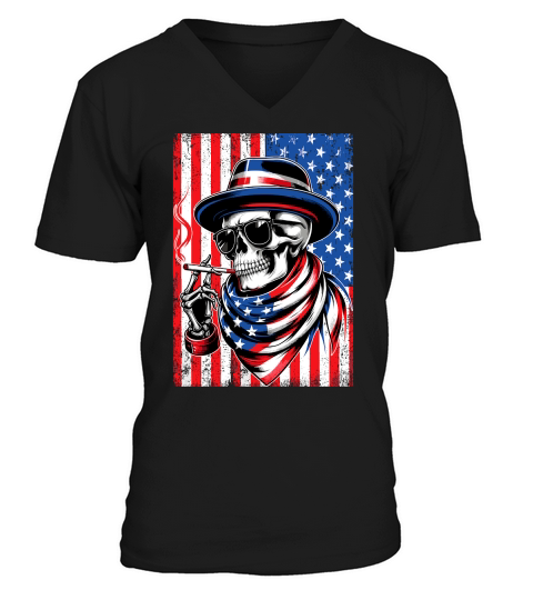 USA Flag Vintage Skeleton 4th of july 1 V-Neck T-shirt