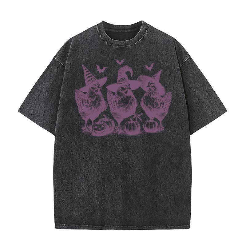 Chicken Witches Funny Halloween L Purple Washed T-Shirt