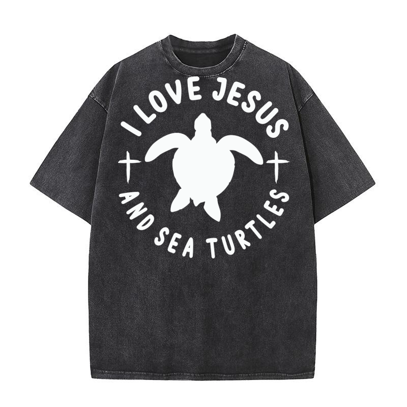 I Love Jesus & Sea Turtles Christian Faith Cross Beach Washed T-Shirt