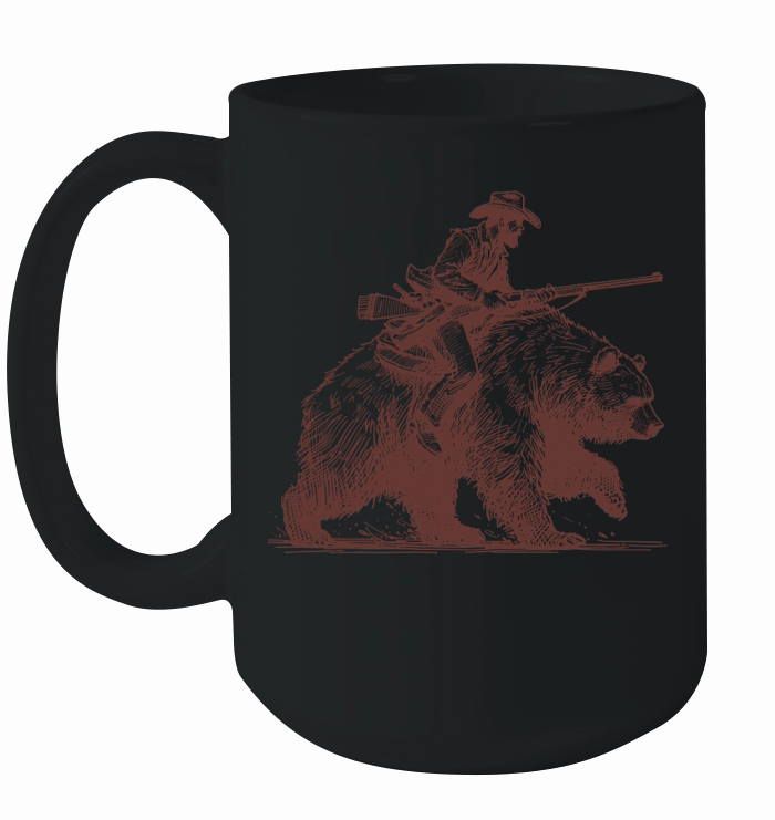 Cowboy Riding Bear L Brown Ceramic Mug