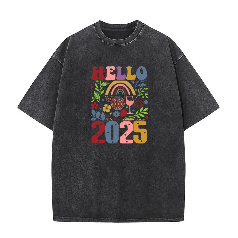 Boho Floral Hello 2025 Washed T-Shirt