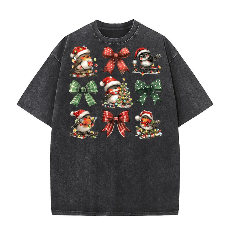 Christmas Coquette Bow Bird 1 Washed T-Shirt