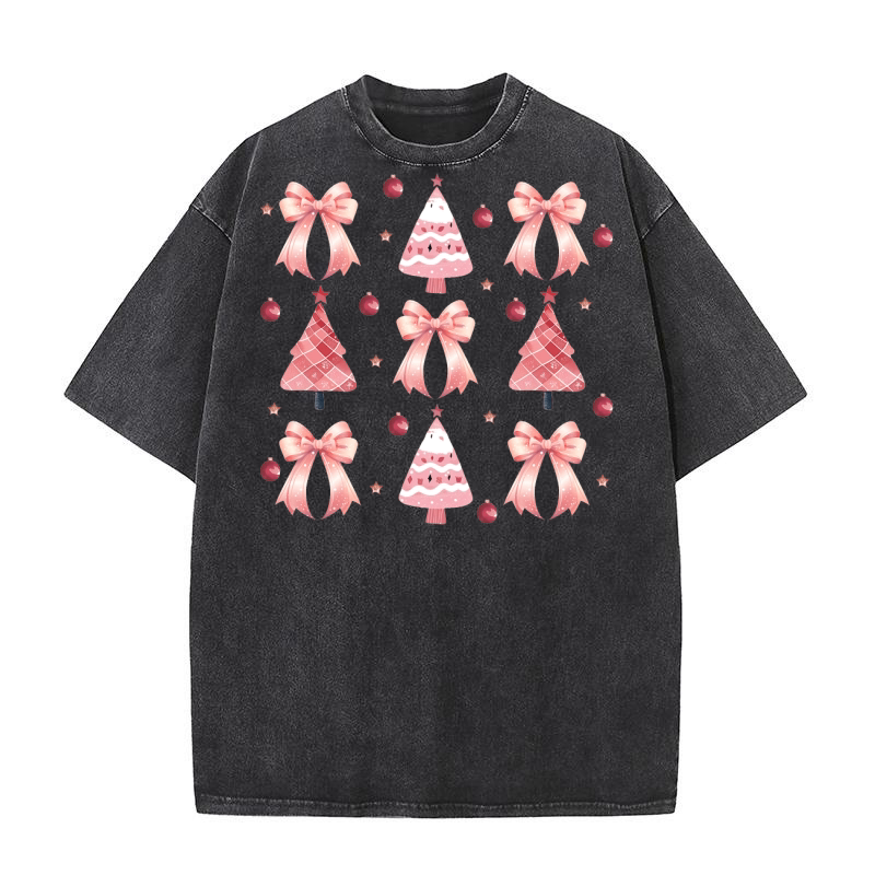 Christmas Pink Coquette Bow Santa Washed T-Shirt