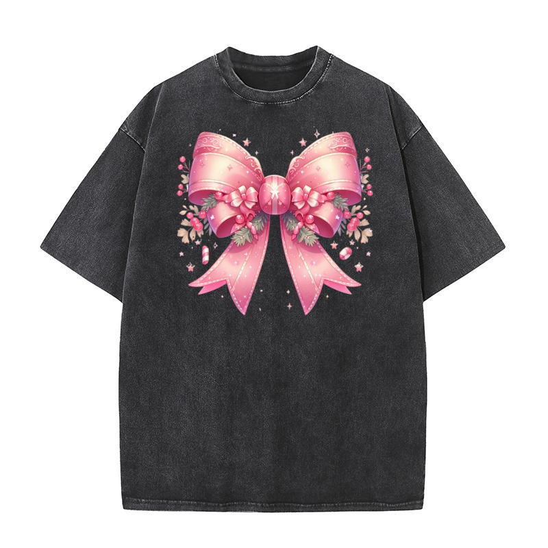 Christmas Pink Coquette Fancy Bow Clipart (7) Washed T-Shirt