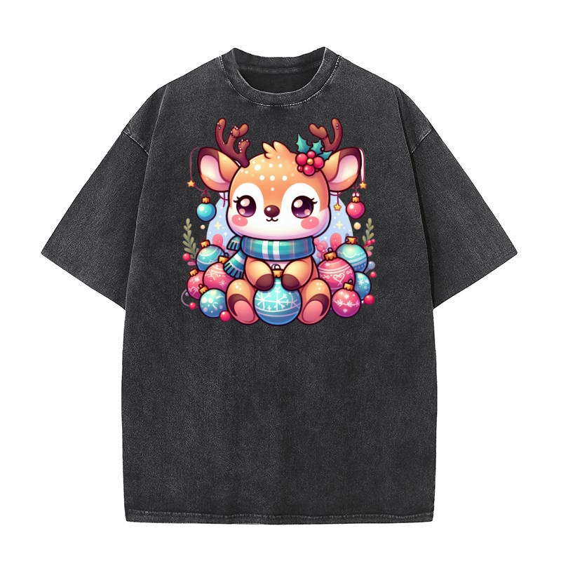 Cute Deer Christmas Watercolor Clipart3 Washed T-Shirt