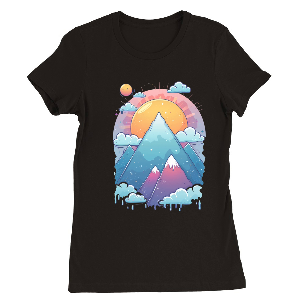 Cartoon Style Vibrant Mountains Premium Womens Crewneck T-shirt